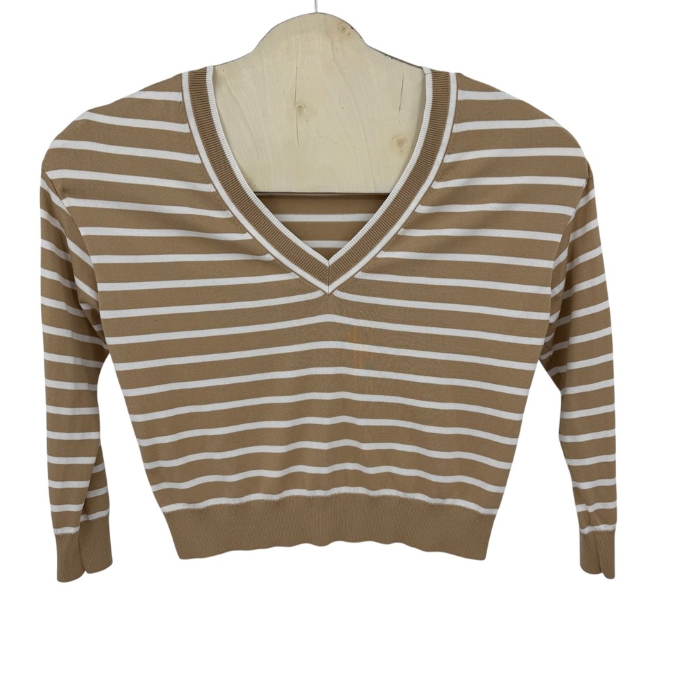 Express V-Neck Sweater Women S Brown White Striped Knit Preppy T11